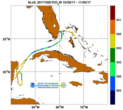 Allure of the Seas cruise track showing color coded fc02 data derived from data that can be found in the csv data file.