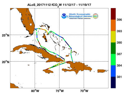 Allure of the Seas cruise track showing color coded fc02 data derived from data that can be found in the csv data file.