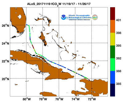 Allure of the Seas cruise track showing color coded fc02 data derived from data that can be found in the csv data file.