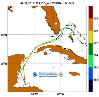 Allure of the Seas cruise track showing color coded fc02 data derived from data that can be found in the csv data file.