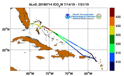 Allure of the Seas cruise track showing color coded fc02 data derived from data that can be found in the csv data file.