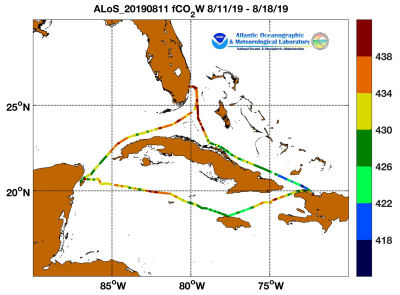 Allure of the Seas cruise track showing color coded fc02 data derived from data that can be found in the csv data file.