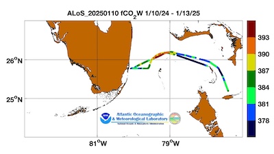 Allure of the Seas cruise track showing color coded fc02 data derived from data that can be found in the csv data file. 
