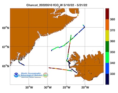 Le Commandant Charcot cruise track showing color coded fc02 data derived from data that can be found in the csv data file. 