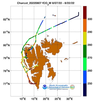 Le Commandant Charcot cruise track showing color coded fc02 data derived from data that can be found in the csv data file.