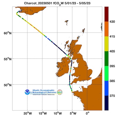 Le Commandant Charcot cruise track showing color coded fc02 data derived from data that can be found in the csv data file. 