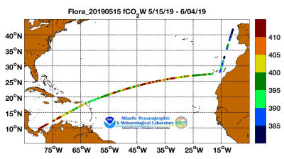 flora of the Seas cruise track showing color coded fc02 data derived from data that can be found in the csv data file. 