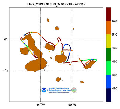 flora of the Seas cruise track showing color coded fc02 data derived from data that can be found in the csv data file. 