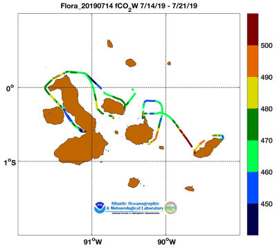 flora of the Seas cruise track showing color coded fc02 data derived from data that can be found in the csv data file. 