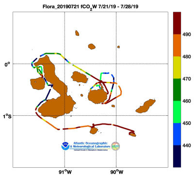 flora of the Seas cruise track showing color coded fc02 data derived from data that can be found in the csv data file. 
