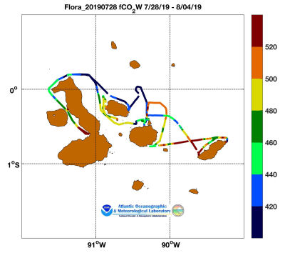 flora of the Seas cruise track showing color coded fc02 data derived from data that can be found in the csv data file. 