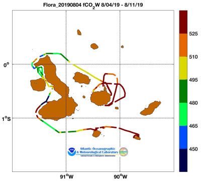 flora of the Seas cruise track showing color coded fc02 data derived from data that can be found in the csv data file. 