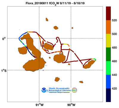 flora of the Seas cruise track showing color coded fc02 data derived from data that can be found in the csv data file. 