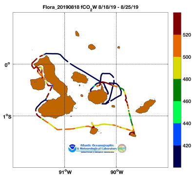 flora of the Seas cruise track showing color coded fc02 data derived from data that can be found in the csv data file. 