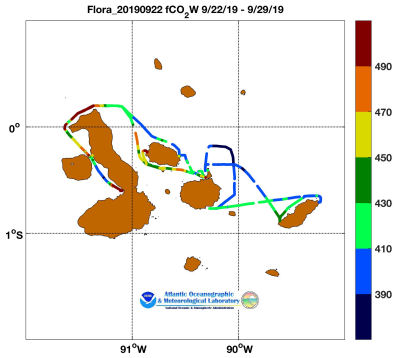 flora of the Seas cruise track showing color coded fc02 data derived from data that can be found in the csv data file. 