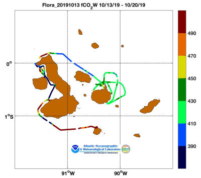 flora of the Seas cruise track showing color coded fc02 data derived from data that can be found in the csv data file. 