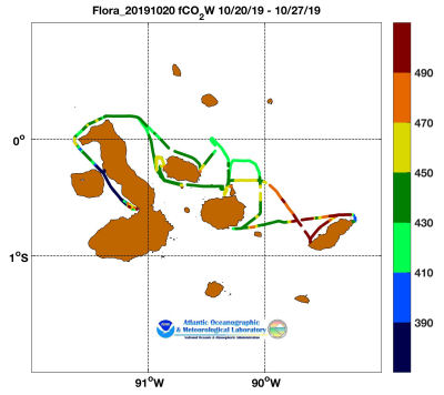 flora of the Seas cruise track showing color coded fc02 data derived from data that can be found in the csv data file. 