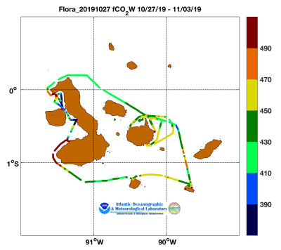 flora of the Seas cruise track showing color coded fc02 data derived from data that can be found in the csv data file. 