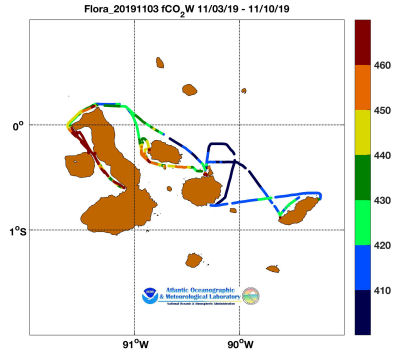 flora of the Seas cruise track showing color coded fc02 data derived from data that can be found in the csv data file. 