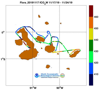 flora of the Seas cruise track showing color coded fc02 data derived from data that can be found in the csv data file. 
