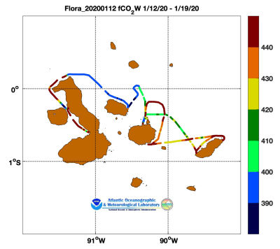 flora of the Seas cruise track showing color coded fc02 data derived from data that can be found in the csv data file. 