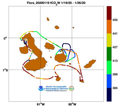 flora of the Seas cruise track showing color coded fc02 data derived from data that can be found in the csv data file. 