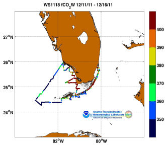 R/V Walton Smith cruise track showing color coded fc02 data derived from data that can be found in the csv data file. 