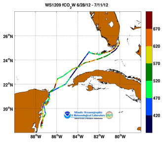 R/V Walton Smith cruise track showing color coded fc02 data derived from data that can be found in the csv data file. 
