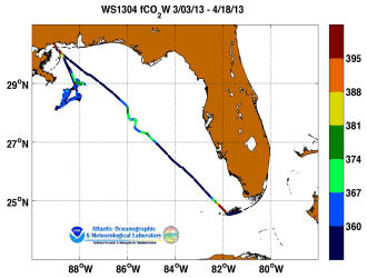 R/V Walton Smith cruise track showing color coded fc02 data derived from data that can be found in the csv data file. 