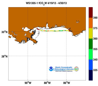 R/V Walton Smith cruise track showing color coded fc02 data derived from data that can be found in the csv data file. 