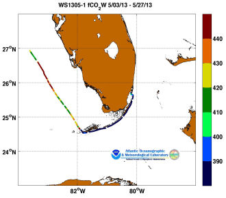 R/V Walton Smith cruise track showing color coded fc02 data derived from data that can be found in the csv data file. 