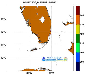 R/V Walton Smith cruise track showing color coded fc02 data derived from data that can be found in the csv data file. 