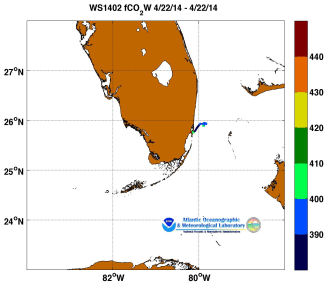 R/V Walton Smith cruise track showing color coded fc02 data derived from data that can be found in the csv data file. 