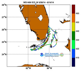 R/V Walton Smith cruise track showing color coded fc02 data derived from data that can be found in the csv data file. 