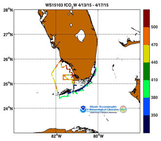 R/V Walton Smith cruise track showing color coded fc02 data derived from data that can be found in the csv data file. 