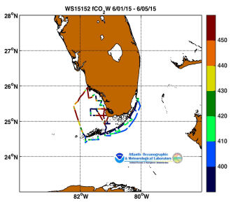 R/V Walton Smith cruise track showing color coded fc02 data derived from data that can be found in the csv data file. 
