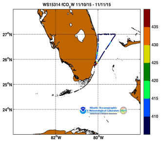 R/V Walton Smith cruise track showing color coded fc02 data derived from data that can be found in the csv data file. 