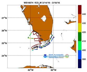 R/V Walton Smith cruise track showing color coded fc02 data derived from data that can be found in the csv data file. 