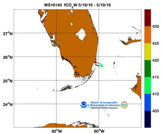 R/V Walton Smith cruise track showing color coded fc02 data derived from data that can be found in the csv data file. 