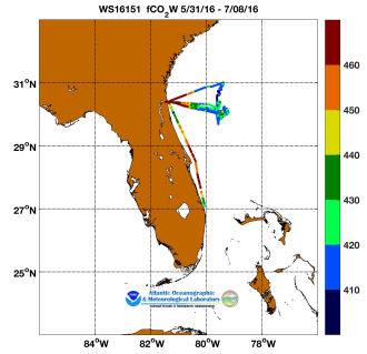 R/V Walton Smith cruise track showing color coded fc02 data derived from data that can be found in the csv data file. 