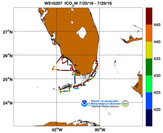 R/V Walton Smith cruise track showing color coded fc02 data derived from data that can be found in the csv data file. 