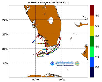 R/V Walton Smith cruise track showing color coded fc02 data derived from data that can be found in the csv data file. 