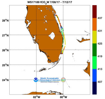 R/V Walton Smith cruise track showing color coded fc02 data derived from data that can be found in the csv data file. 