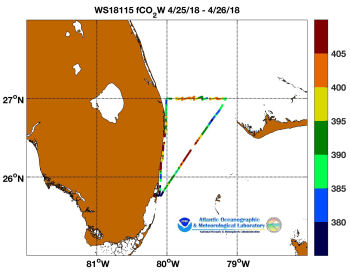 R/V Walton Smith cruise track showing color coded fc02 data derived from data that can be found in the csv data file. 