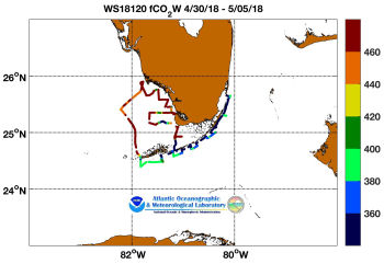 R/V Walton Smith cruise track showing color coded fc02 data derived from data that can be found in the csv data file. 