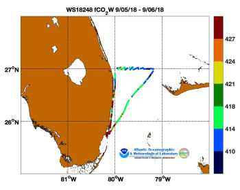 R/V Walton Smith cruise track showing color coded fc02 data derived from data that can be found in the csv data file. 