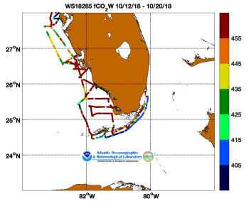 R/V Walton Smith cruise track showing color coded fc02 data derived from data that can be found in the csv data file. 