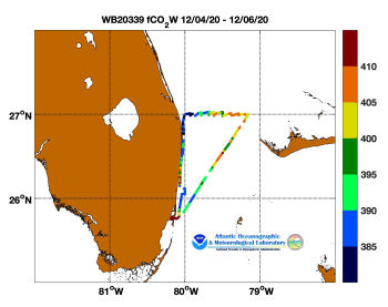 R/V Walton Smith cruise track showing color coded fc02 data derived from data that can be found in the csv data file. 