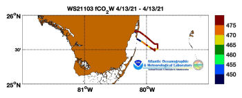 R/V Walton Smith cruise track showing color coded fc02 data derived from data that can be found in the csv data file. 