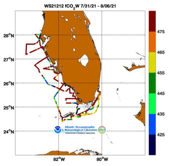 R/V Walton Smith cruise track showing color coded fc02 data derived from data that can be found in the csv data file. 